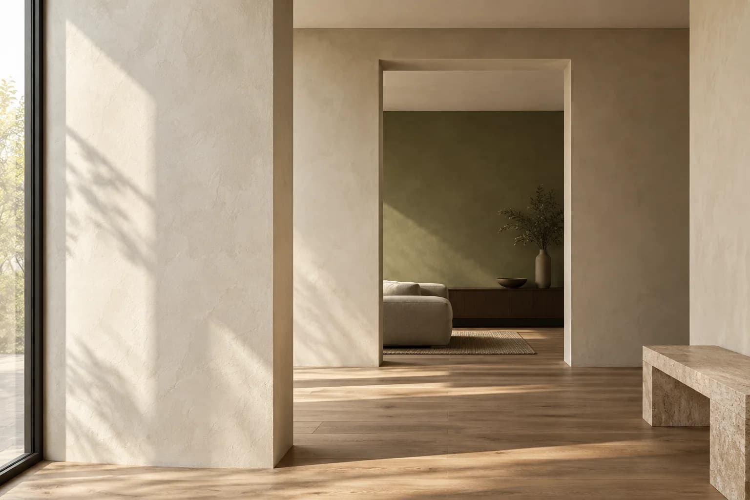 Een licht interieur met minerale wanden en een doorkijk